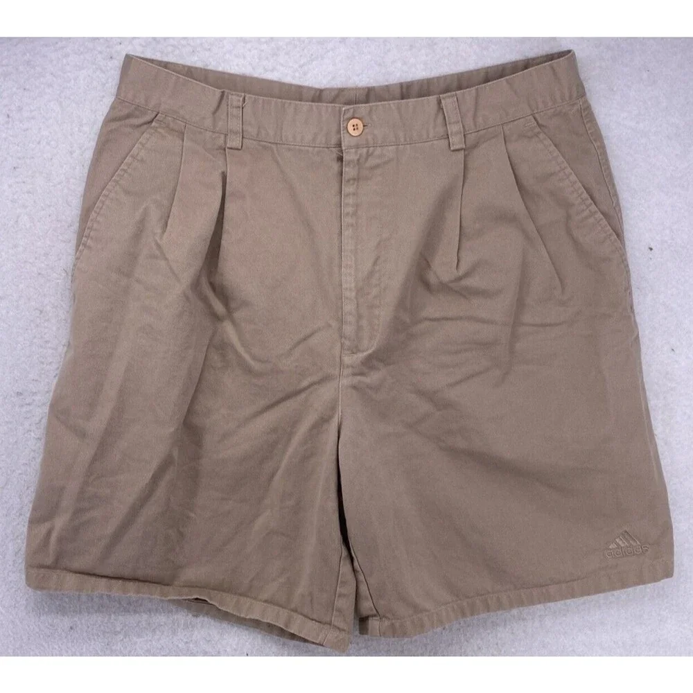 Vintage Adidas Team Pleated Chino Shorts Mens 36 Khaki Cotton Twill Gorpcore Y2K